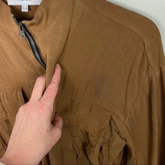 Reiss Zipper Shirt Dress Brown Long Sleeve Sylvie Size 4 Midi Brown Utility Boho - Picture 10 of 14